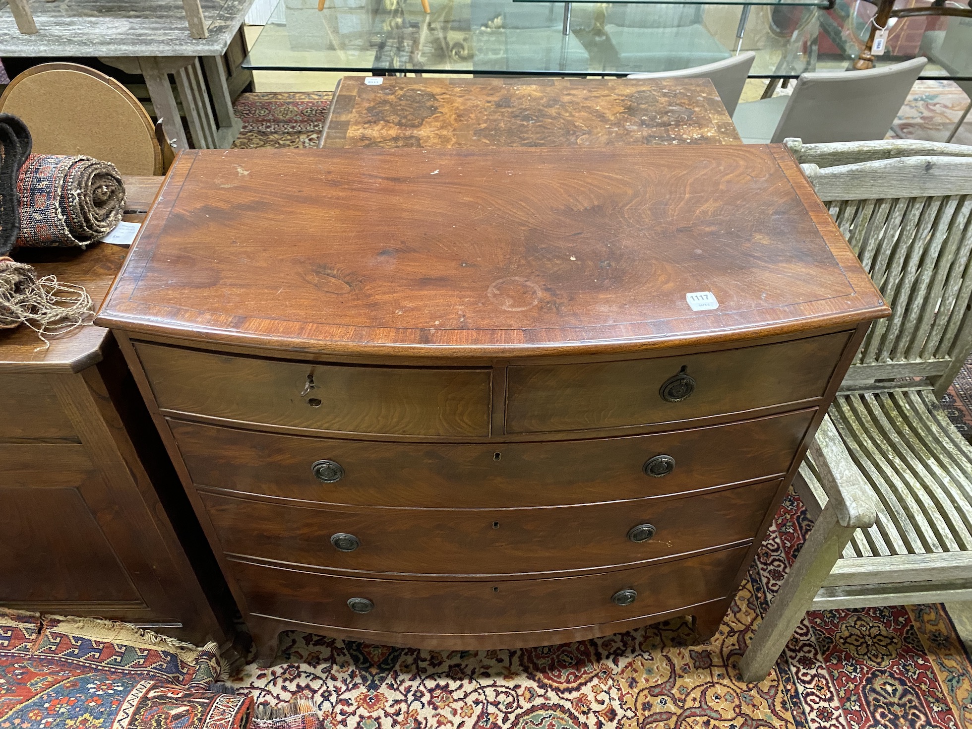 A Regency mahogany bow front chest, width 106cm, depth 51cm, height 105cm